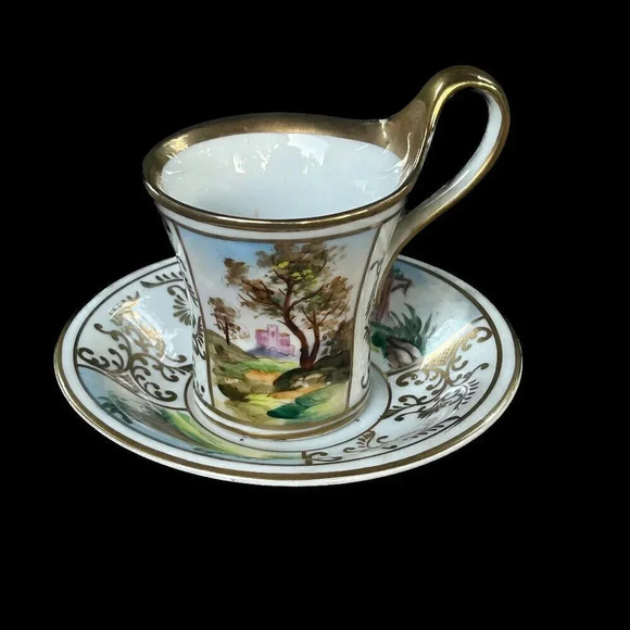 Vintage Hand Painted Porcelain Landscape Cup and Saucer Gold Trim - Picture 1 of 10